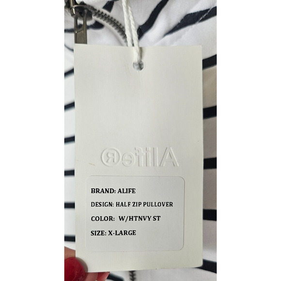 Alife Mens Half Zip Pullover Sweatshirt XL White Black Striped Funnel Neck Retro - Picture 8 of 11